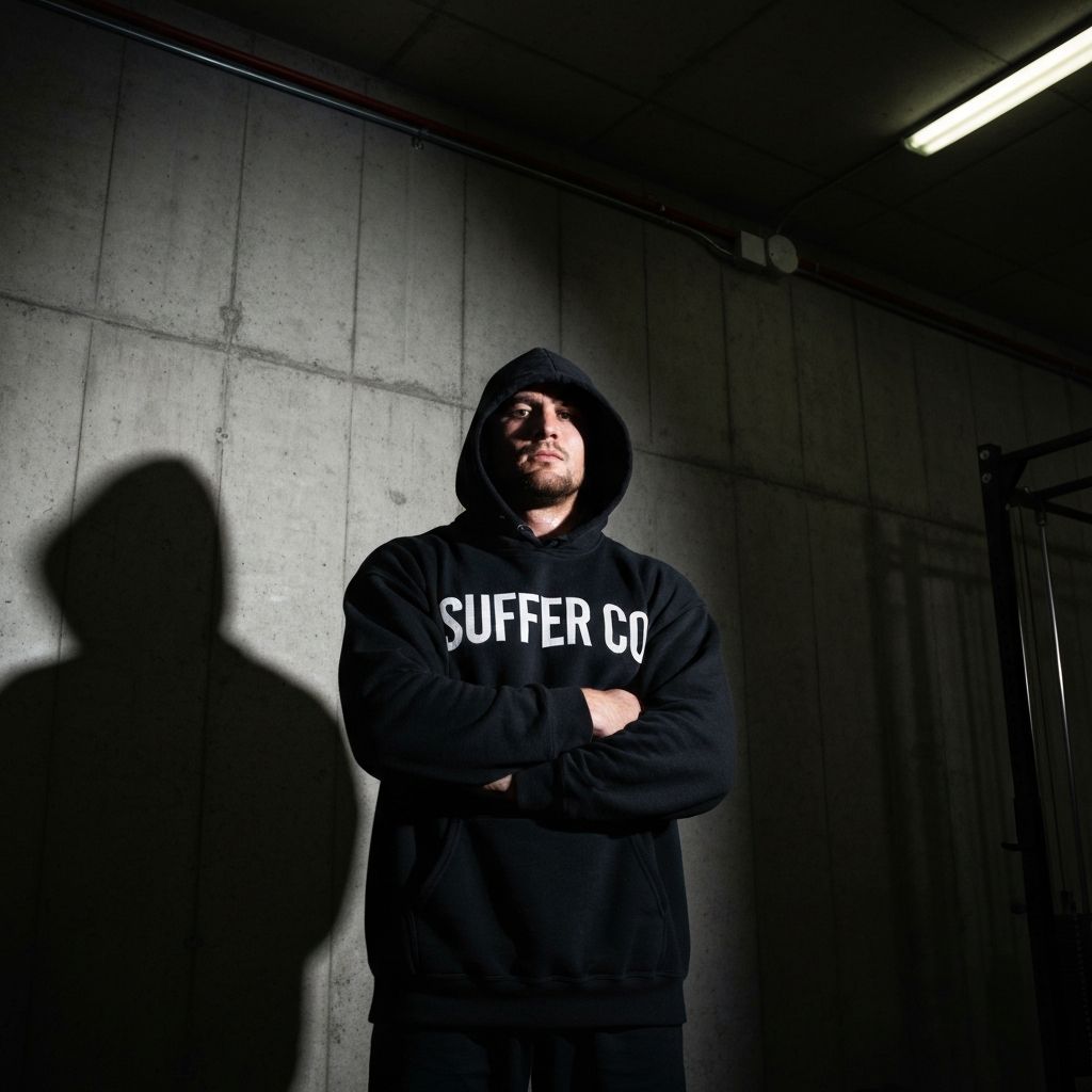 SUFFER CO. fighter in dark industrial gym